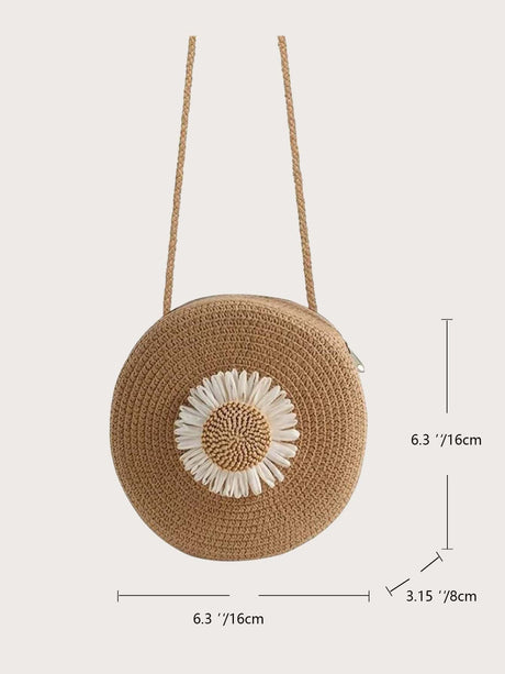 Buy SHEIN Flower Graphic Circle Straw Bag, Vintage Shoulder Beach Bag, Women's Crossbody Purse Mini Flower Decor Straw Bag in Pakistan