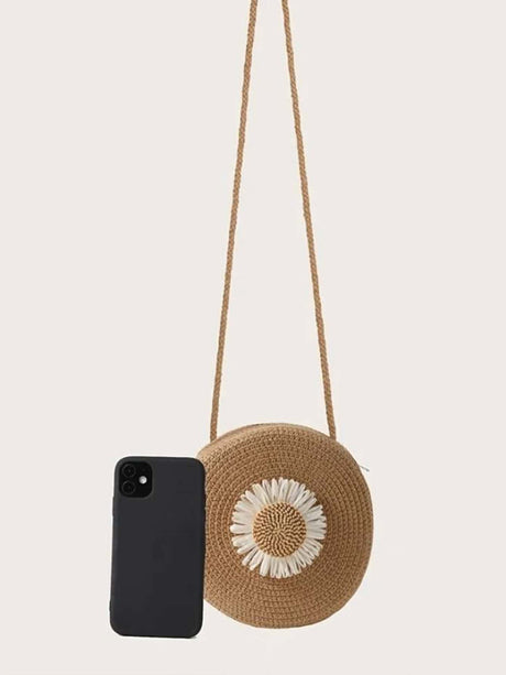 Buy SHEIN Flower Graphic Circle Straw Bag, Vintage Shoulder Beach Bag, Women's Crossbody Purse Mini Flower Decor Straw Bag in Pakistan