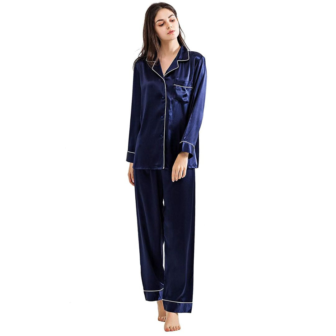Buy Silk PJ Set With Scrunchie - Navy Blue in Pakistan
