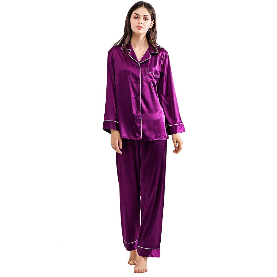 Buy Silk PJ Set With Scrunchie - Purple in Pakistan