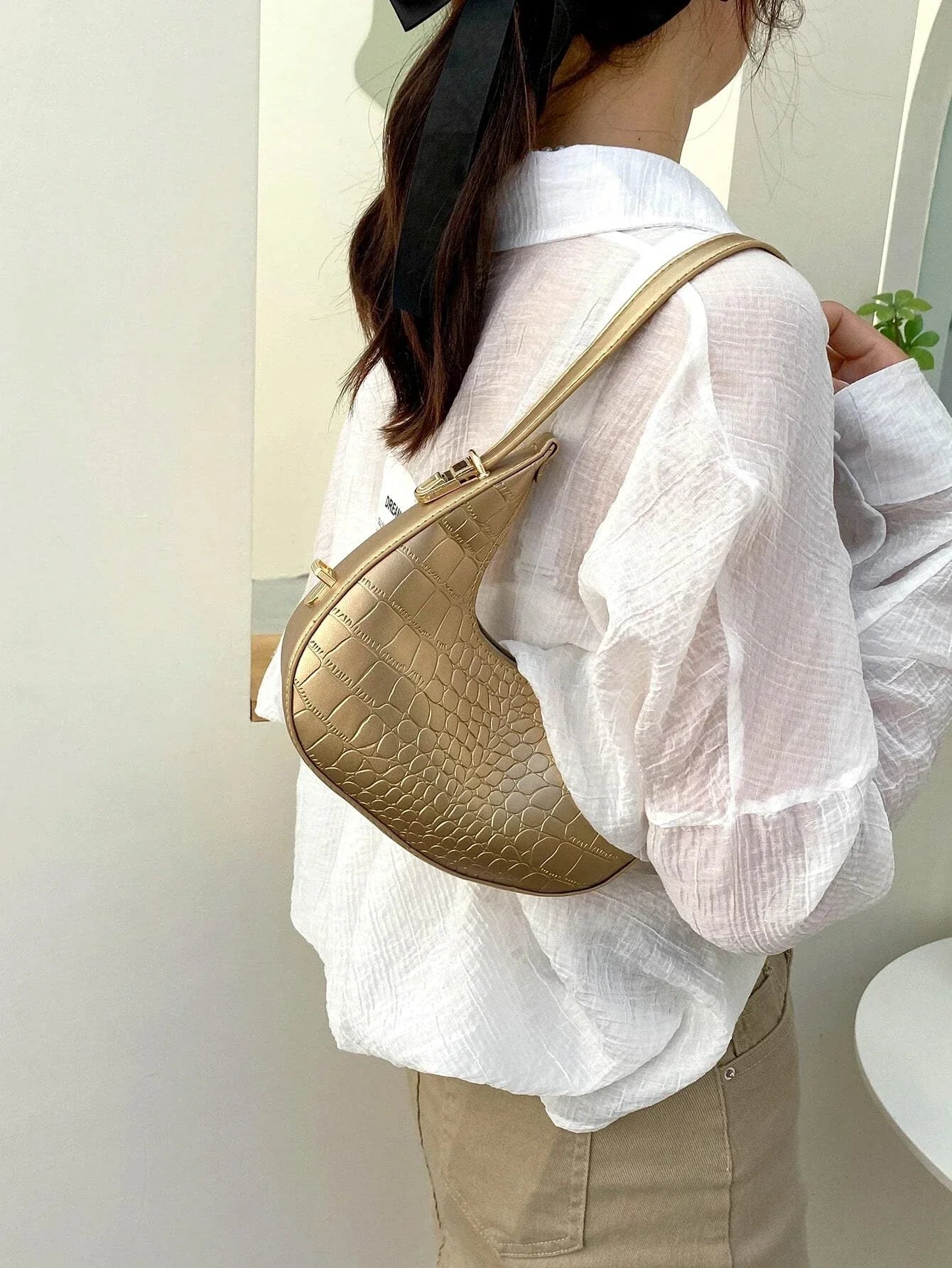 Buy SHEIN Waterproof,Lightweight,Business Casual Metallic Crocodile Embossed Hobo Bag in Pakistan