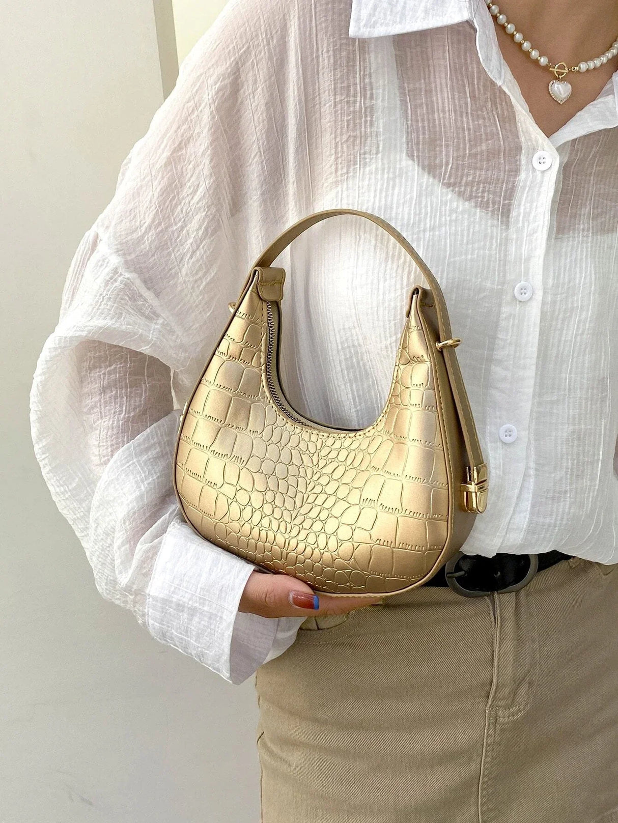 Buy SHEIN Waterproof,Lightweight,Business Casual Metallic Crocodile Embossed Hobo Bag in Pakistan