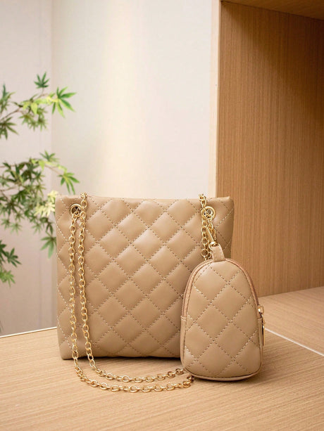 Buy SHEIN Women's Geometric Pattern Embossed Chain Shoulder Tote Bag With Magnetic Button & Large Capacity, Plus Zipper Coin Purse in Pakistan