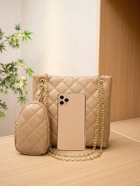 Buy SHEIN Women's Geometric Pattern Embossed Chain Shoulder Tote Bag With Magnetic Button & Large Capacity, Plus Zipper Coin Purse in Pakistan