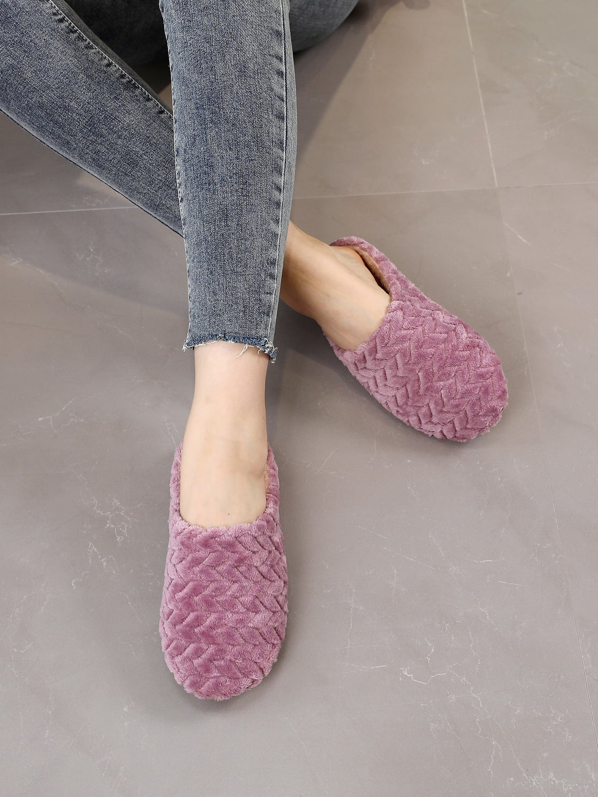 Buy SHEIN Women's Stylish Purple Cable Textured Fluffy Bedroom Slippers With Embroidery in Pakistan