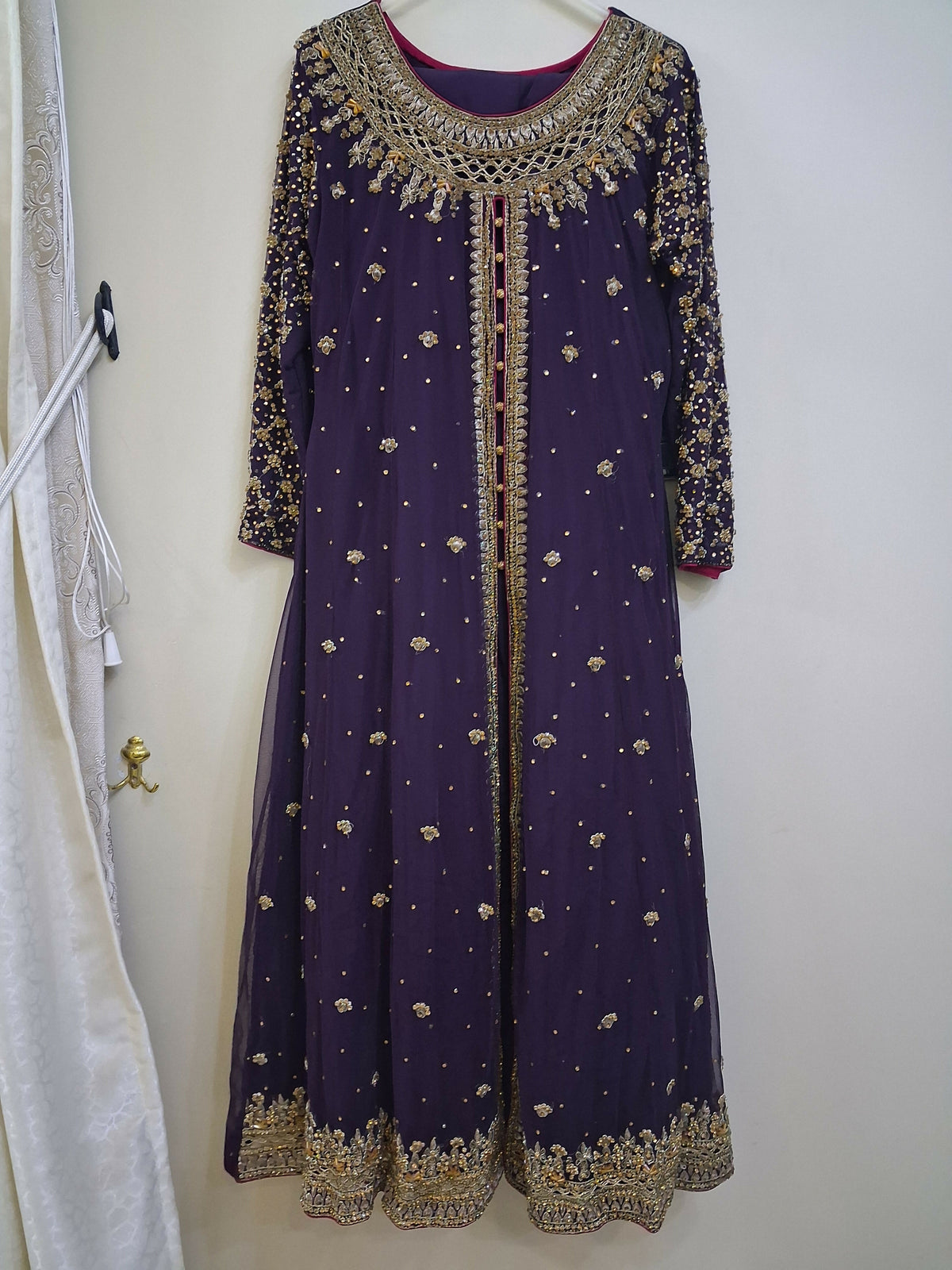 Purple & Copper Gold Embroidered Frock | Women Frocks & Maxis | Medium | Preloved