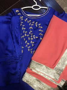 3pc Satin Silk Embroidered Suit | Women Locally Made Formals | Small | Preloved