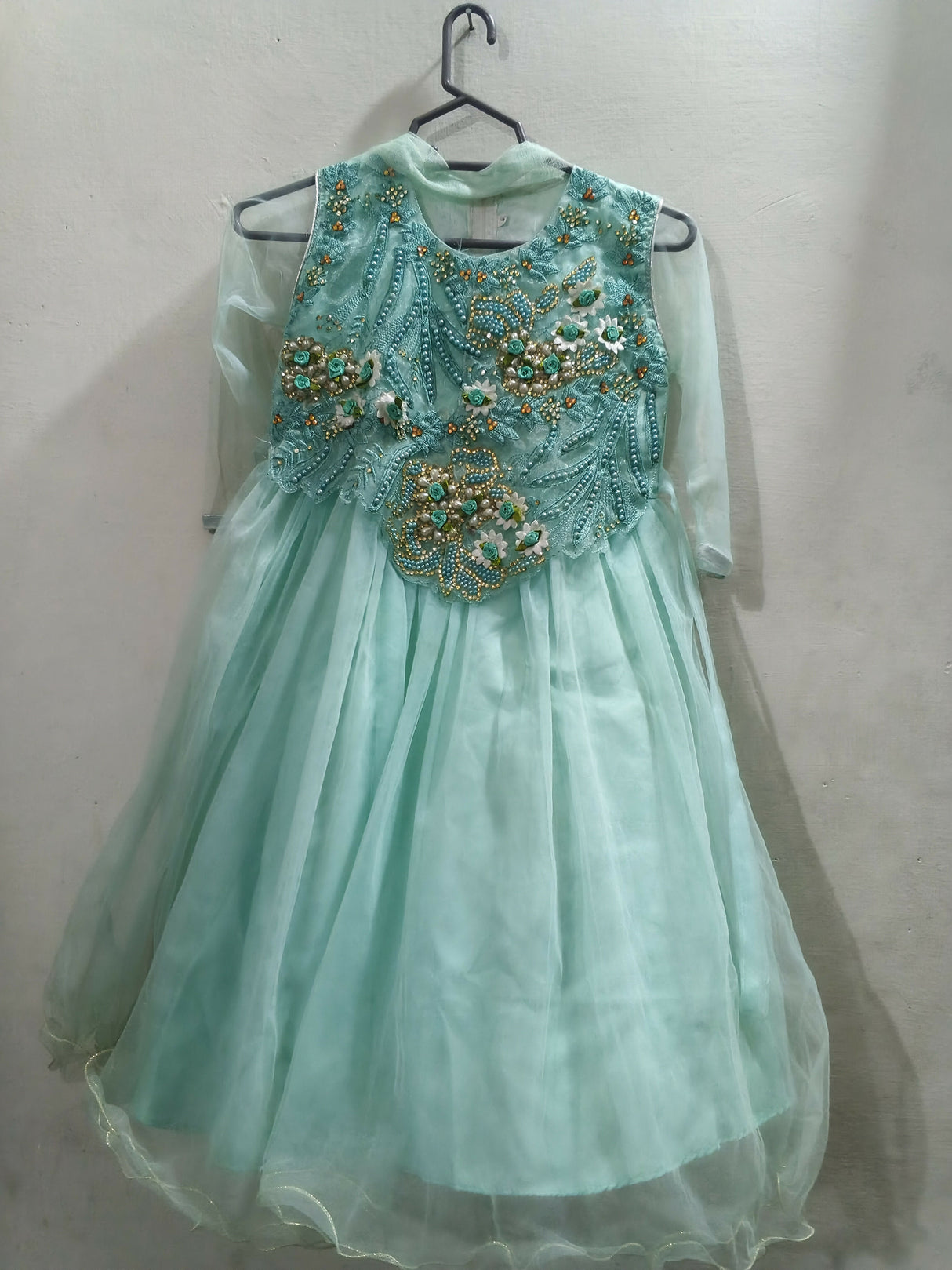 3 PC Sea Green Embroidered Frock | Girls Skirts & Dresses | Size: 7 to 8 Yrs | Preloved