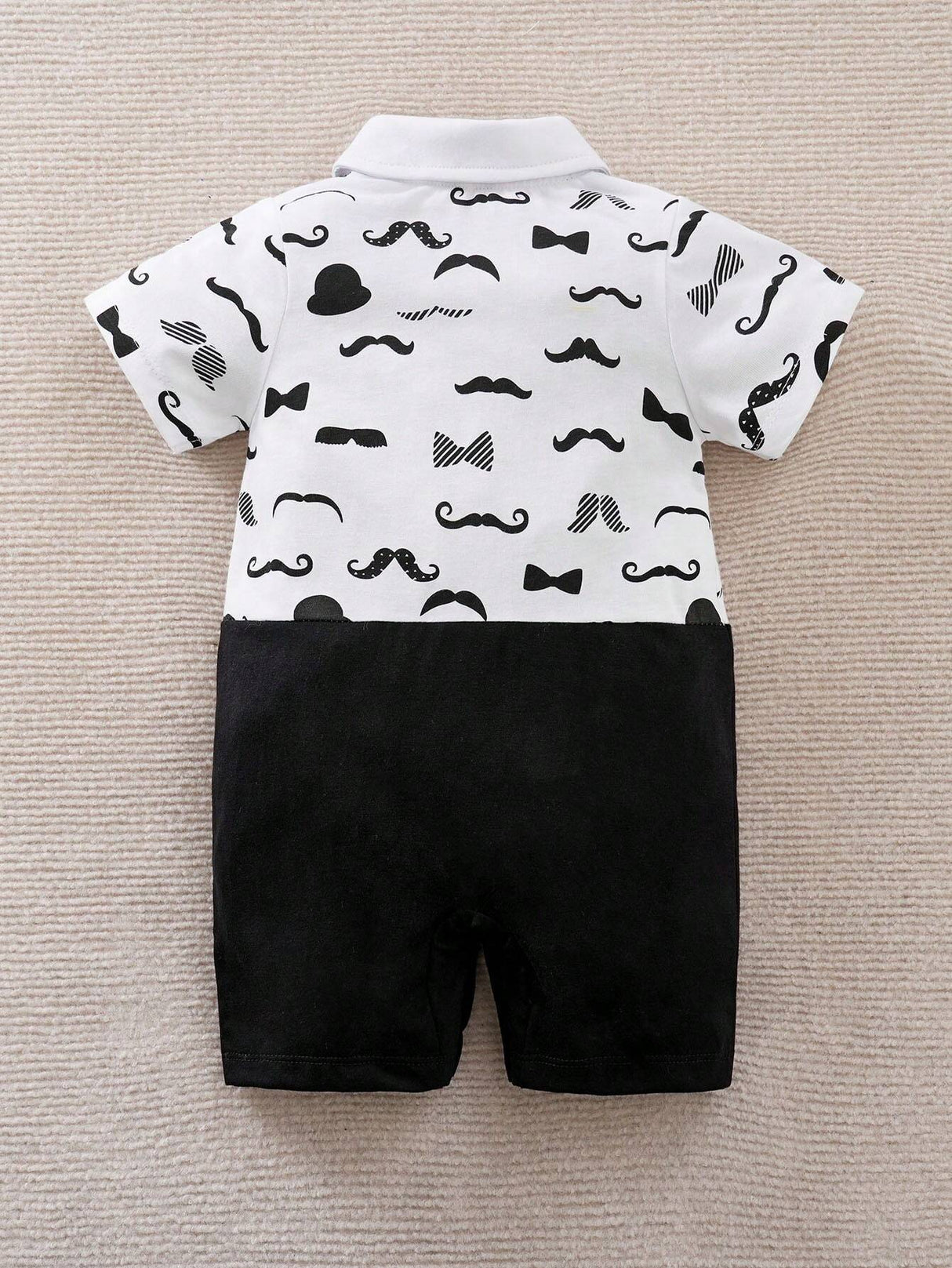 Buy SHEIN Yierying Infant Boys' Short-Sleeved Two-In-One Romper With Black Mustache Print And Bow Tie Design, Suitable For Spring/Summer Seasons in Pakistan