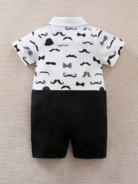 Buy SHEIN Yierying Infant Boys' Short-Sleeved Two-In-One Romper With Black Mustache Print And Bow Tie Design, Suitable For Spring/Summer Seasons in Pakistan