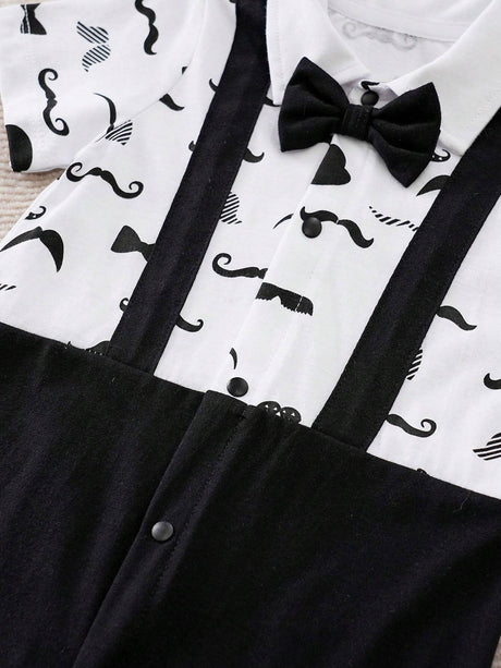 Buy SHEIN Yierying Infant Boys' Short-Sleeved Two-In-One Romper With Black Mustache Print And Bow Tie Design, Suitable For Spring/Summer Seasons in Pakistan