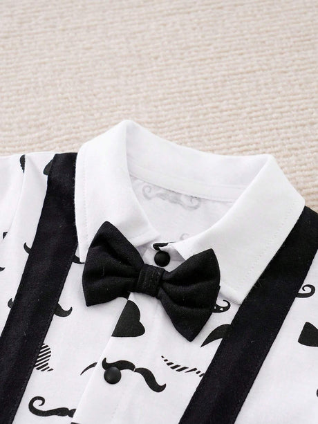 Buy SHEIN Yierying Infant Boys' Short-Sleeved Two-In-One Romper With Black Mustache Print And Bow Tie Design, Suitable For Spring/Summer Seasons in Pakistan