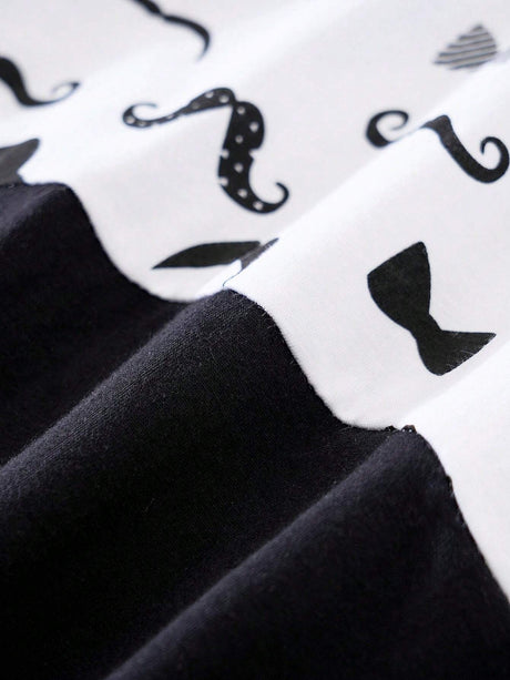 Buy SHEIN Yierying Infant Boys' Short-Sleeved Two-In-One Romper With Black Mustache Print And Bow Tie Design, Suitable For Spring/Summer Seasons in Pakistan