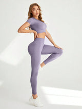 Buy SHEIN Yoga Basic Raglan Short Sleeve Crop Top And High Waist Wide Leggings Sportswear Set in Pakistan