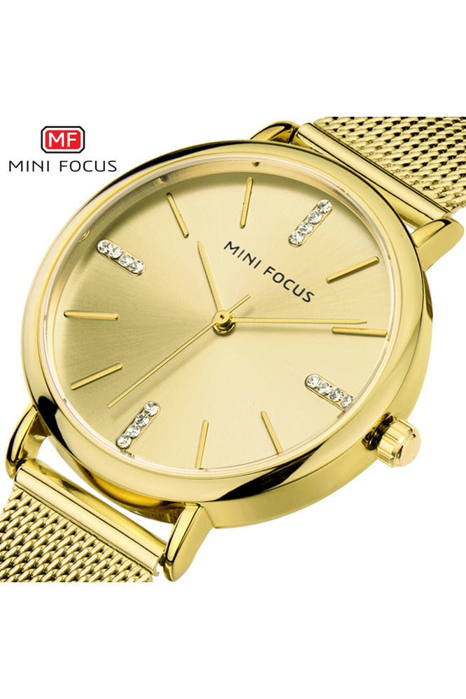 Buy Mini Focus  Golden Stainless Steel Mesh Golden Dial Quartz Watch for Ladies- MF0036L-01 in Pakistan