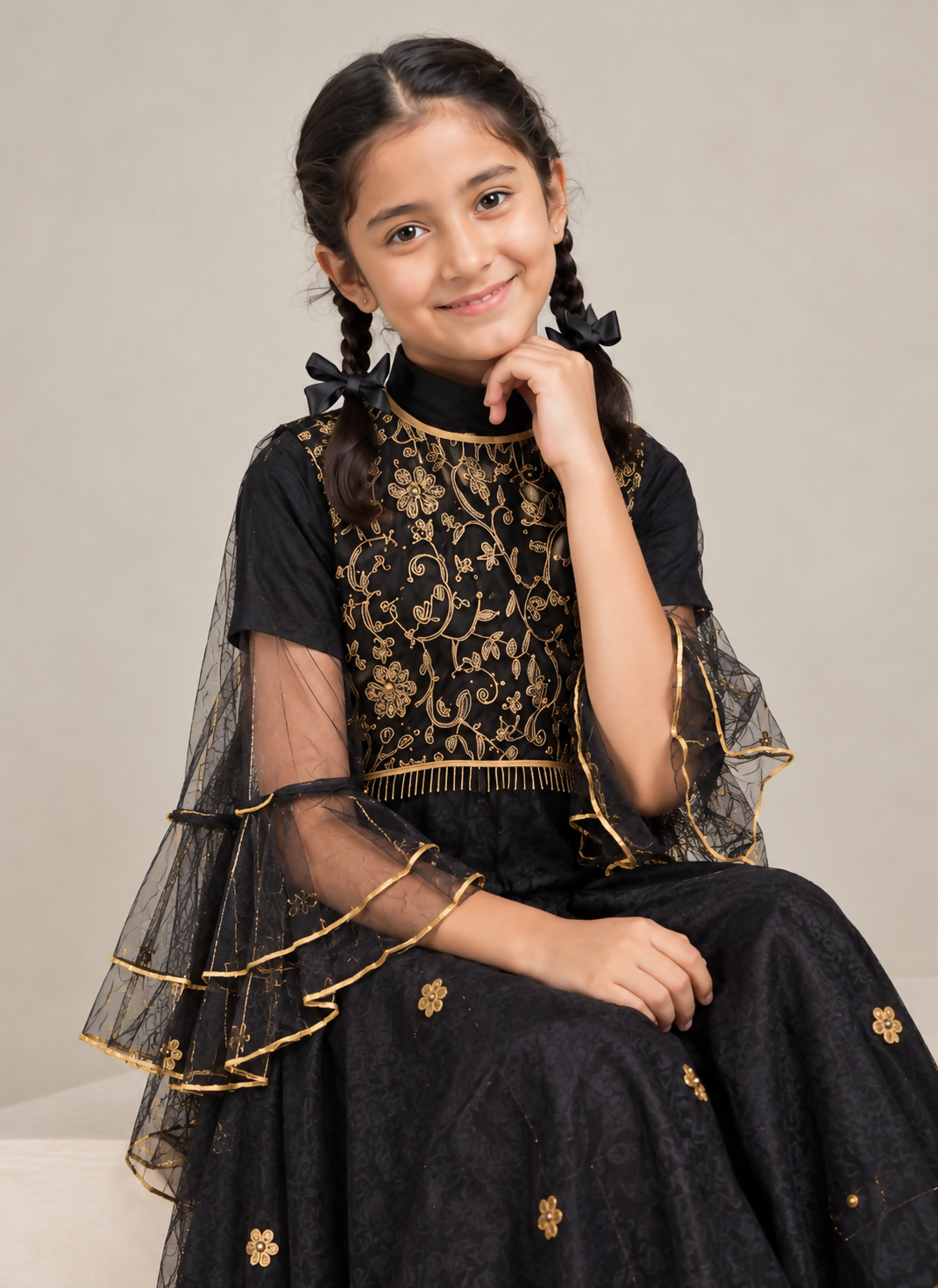 Black Maxi With Golden Embroidery | Kids | Girls Skirts & Dresses | Size: 7 to 10 Yrs | Medium | Worn Once
