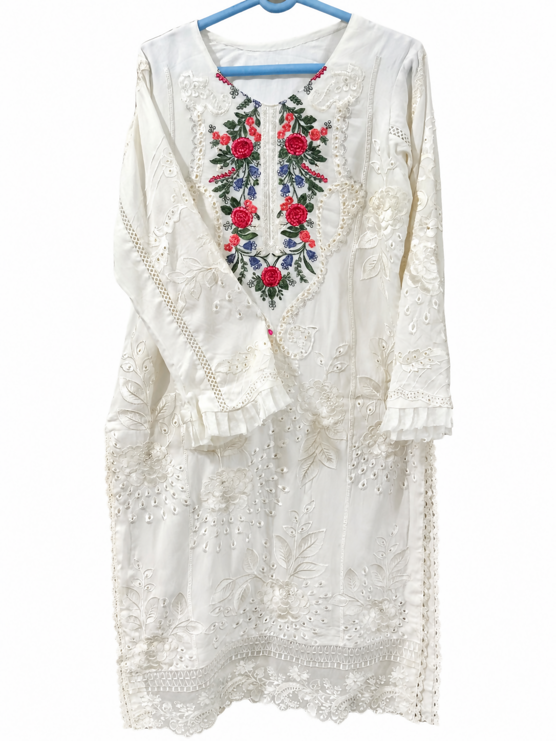 Viscose Embroidered Dress | Women Locally Made Kurta | Off White | Large | Worn Once