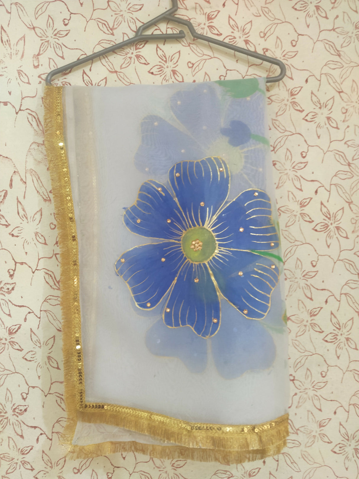 Hand Painted Organza Duppatta | Women Accessories | Duppatas & Shawls | White & Blue | Medium | New