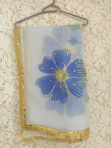 Hand Painted Organza Duppatta | Women Accessories | Duppatas & Shawls | White & Blue | Medium | New