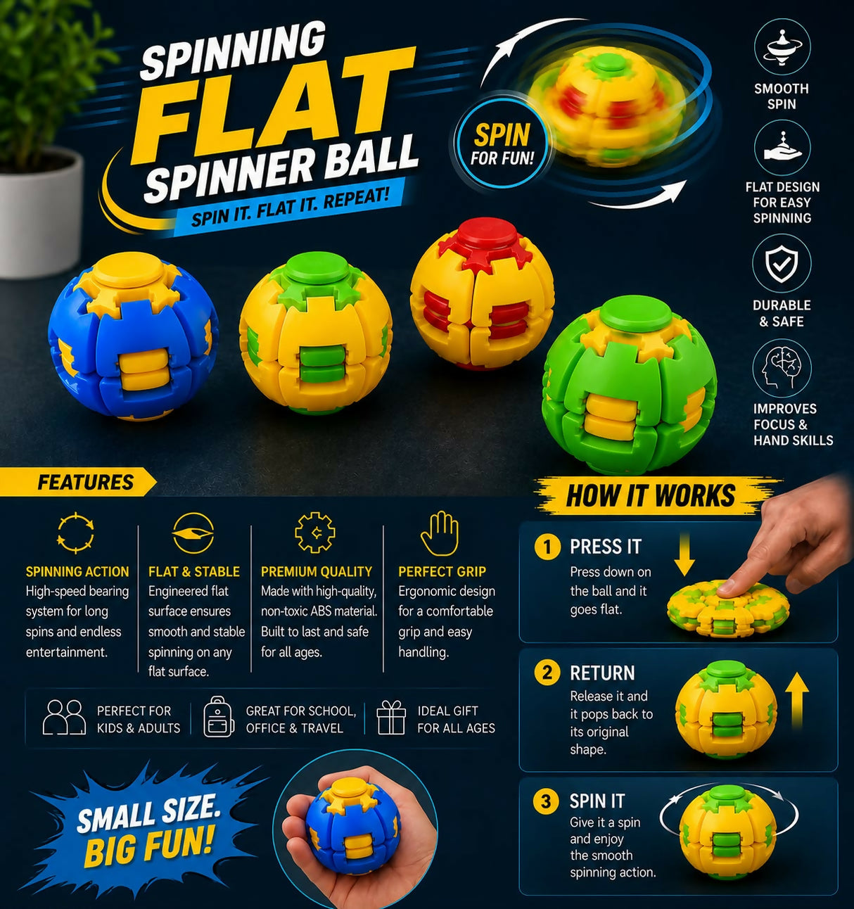 Spinning Flat Spinner Ball – Press, Pop & Spin | Stress Relief & Fidget Toy for Kids & Adults | Kids | Imported Toys | Brand New