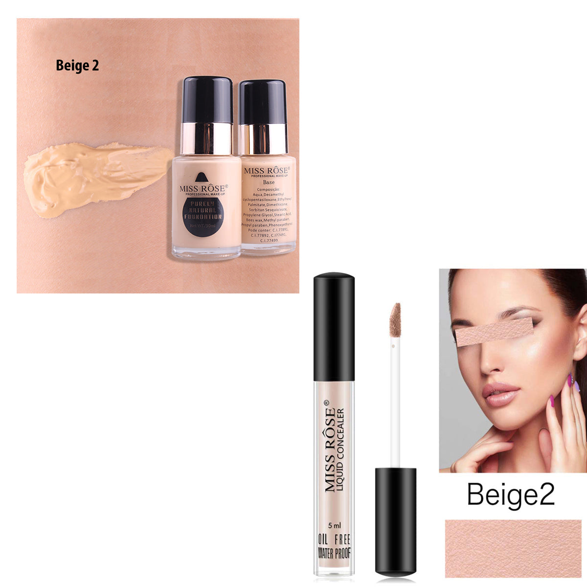 Buy Miss Rose Pack Of 2 Waterproof Moisturizing Oil Free Full Coverage Deep Whitener Liquid Foundation 30ml & Concealer in Pakistan