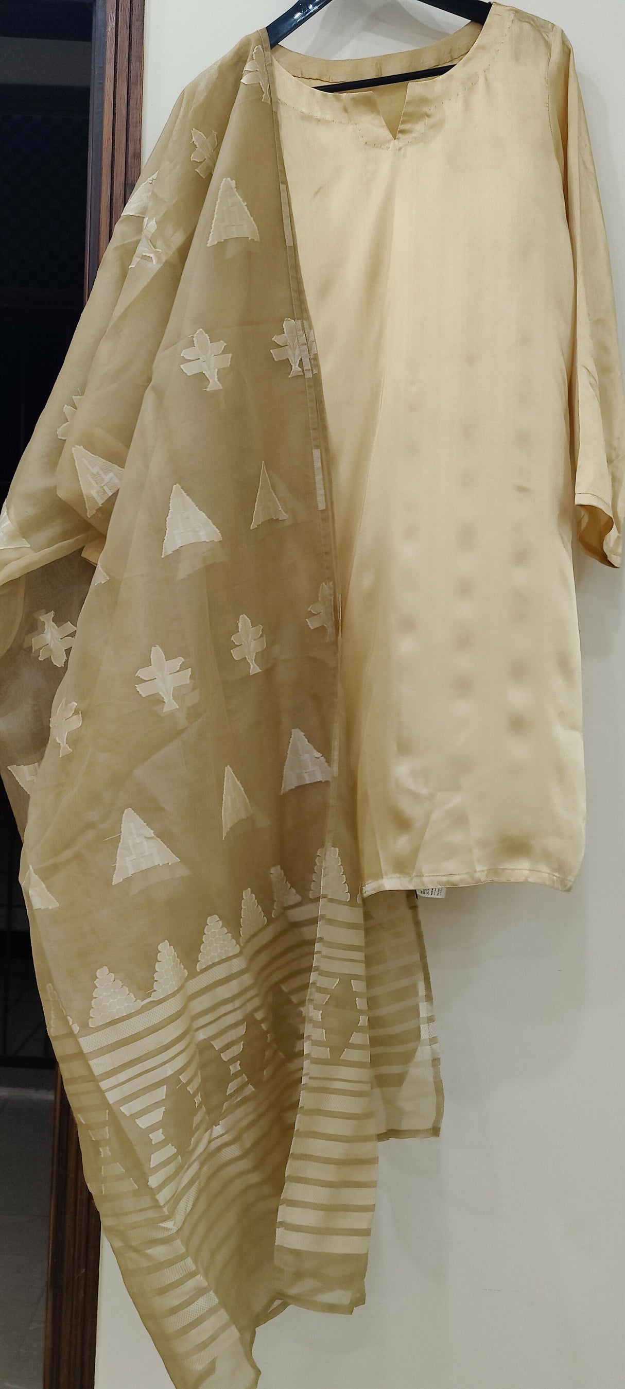 Golden 3PC Suit With Farshi Shalwar | Women Locally Made Kurta | Medium | New