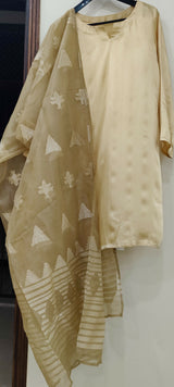 Golden 3PC Suit With Farshi Shalwar | Women Locally Made Kurta | Medium | New