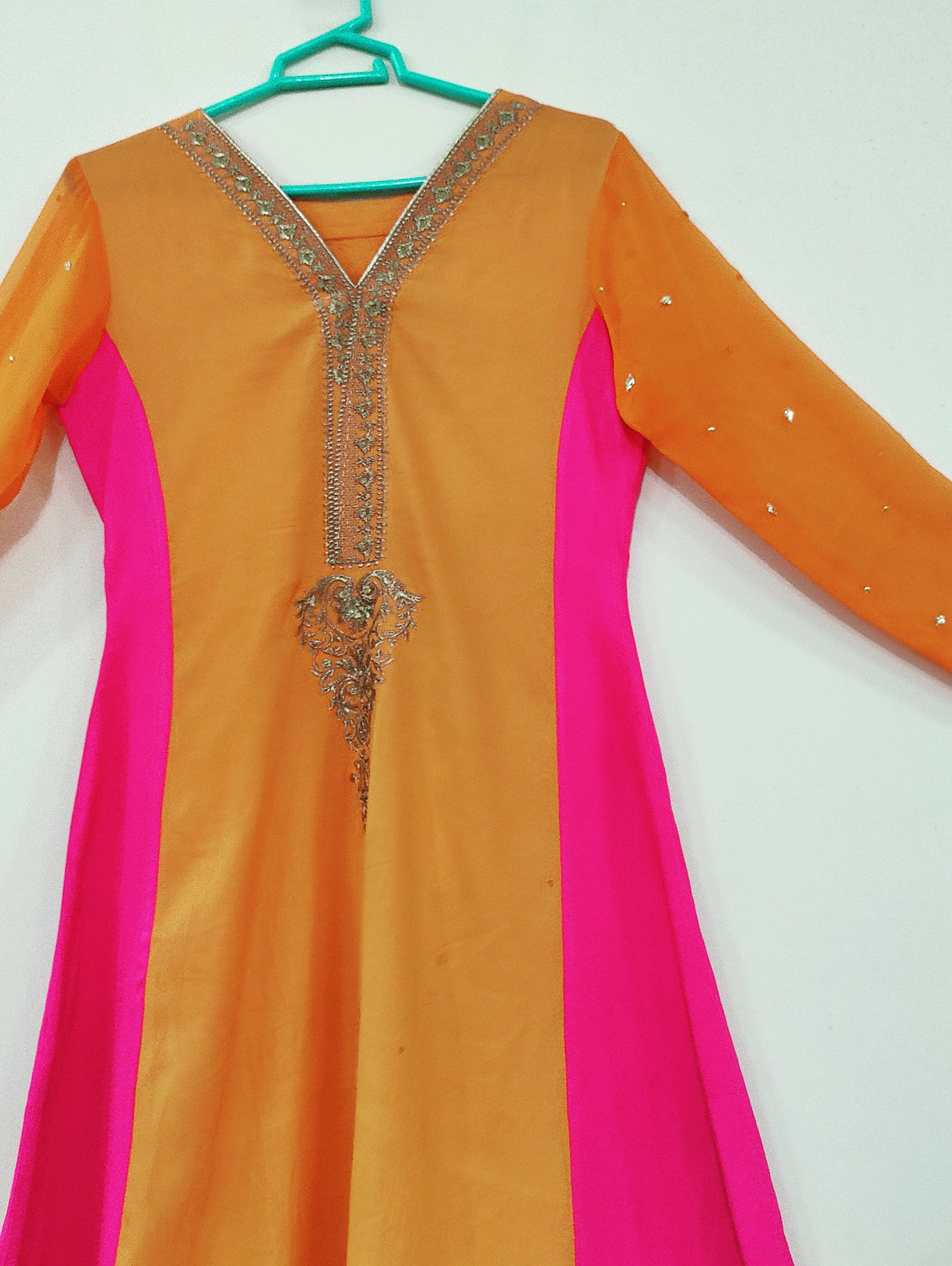 Embroidered Orange Pink Long Shirt | Women Locally Made Kurta | Medium | Worn Once