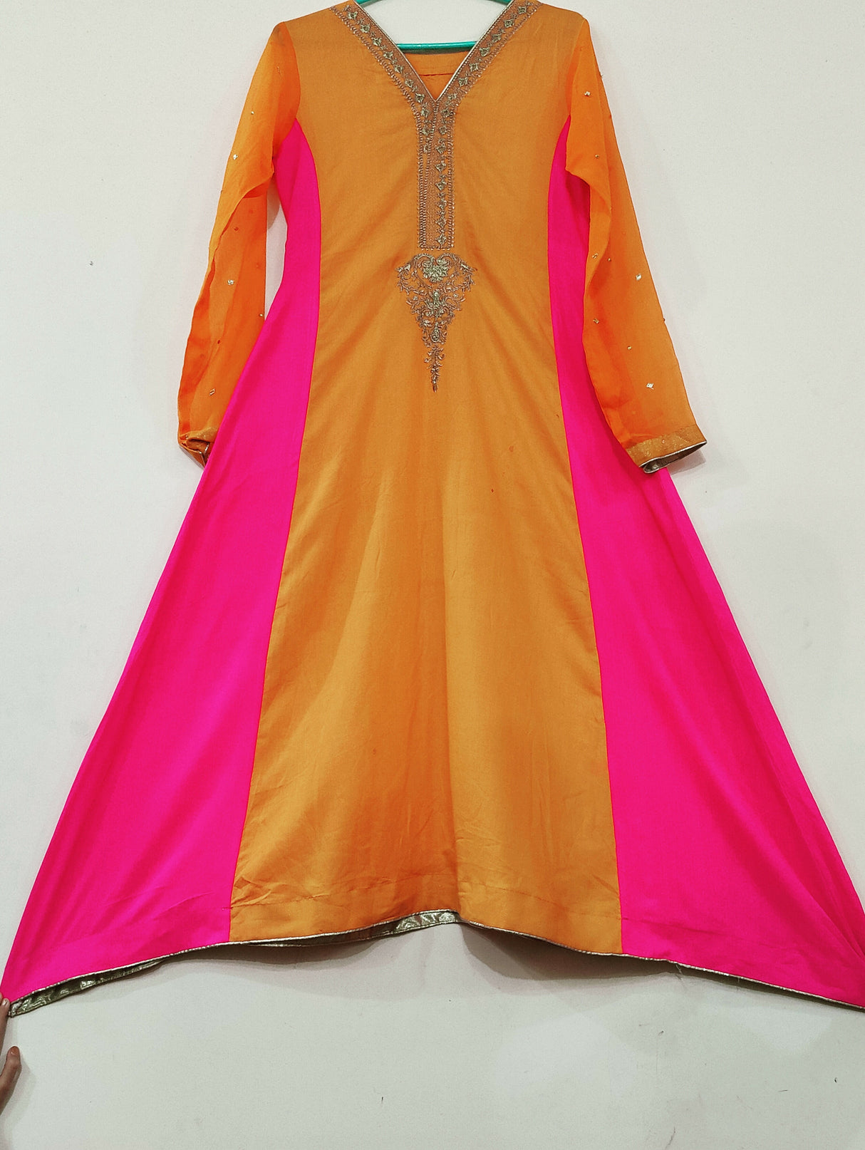 Embroidered Orange Pink Long Shirt | Women Locally Made Kurta | Medium | Worn Once