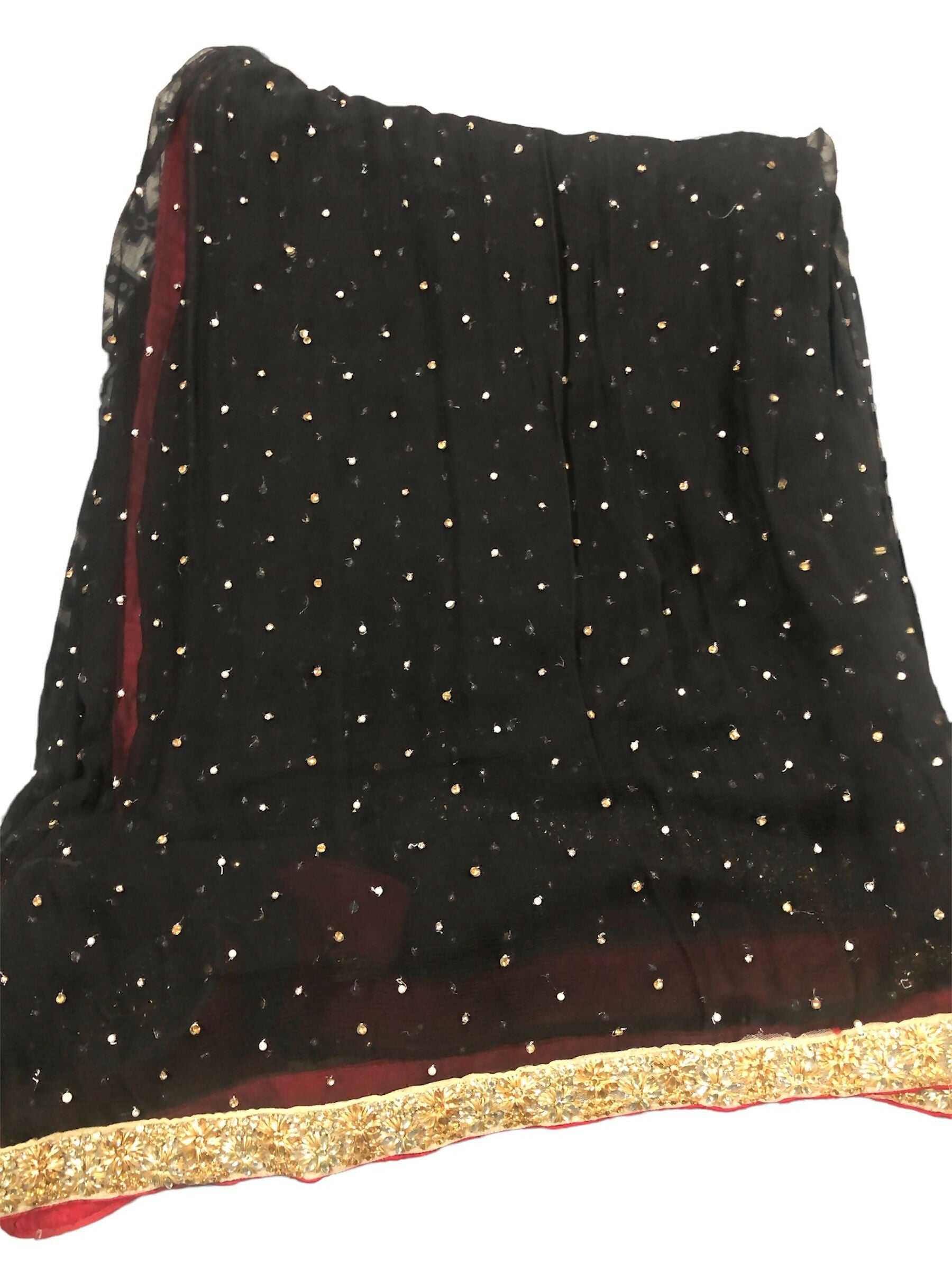 Red Black Chiffon Saree | Women Locally Made Formals | Medium | Worn Once