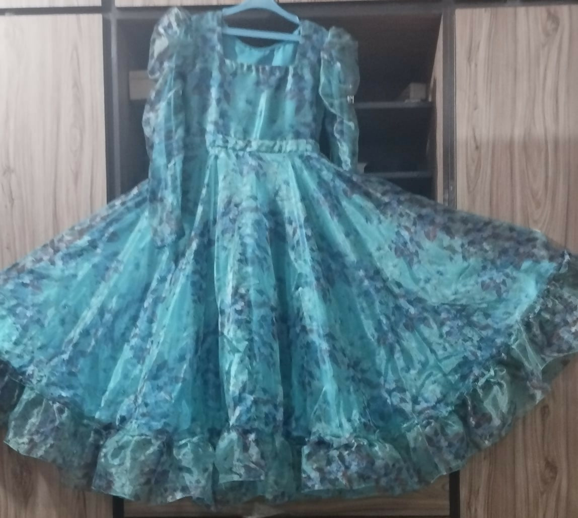 Girl's Organza Zink Colour Frock | Floral Long Frock with Frill | Women Frocks & Maxis | Small | Worn Once
