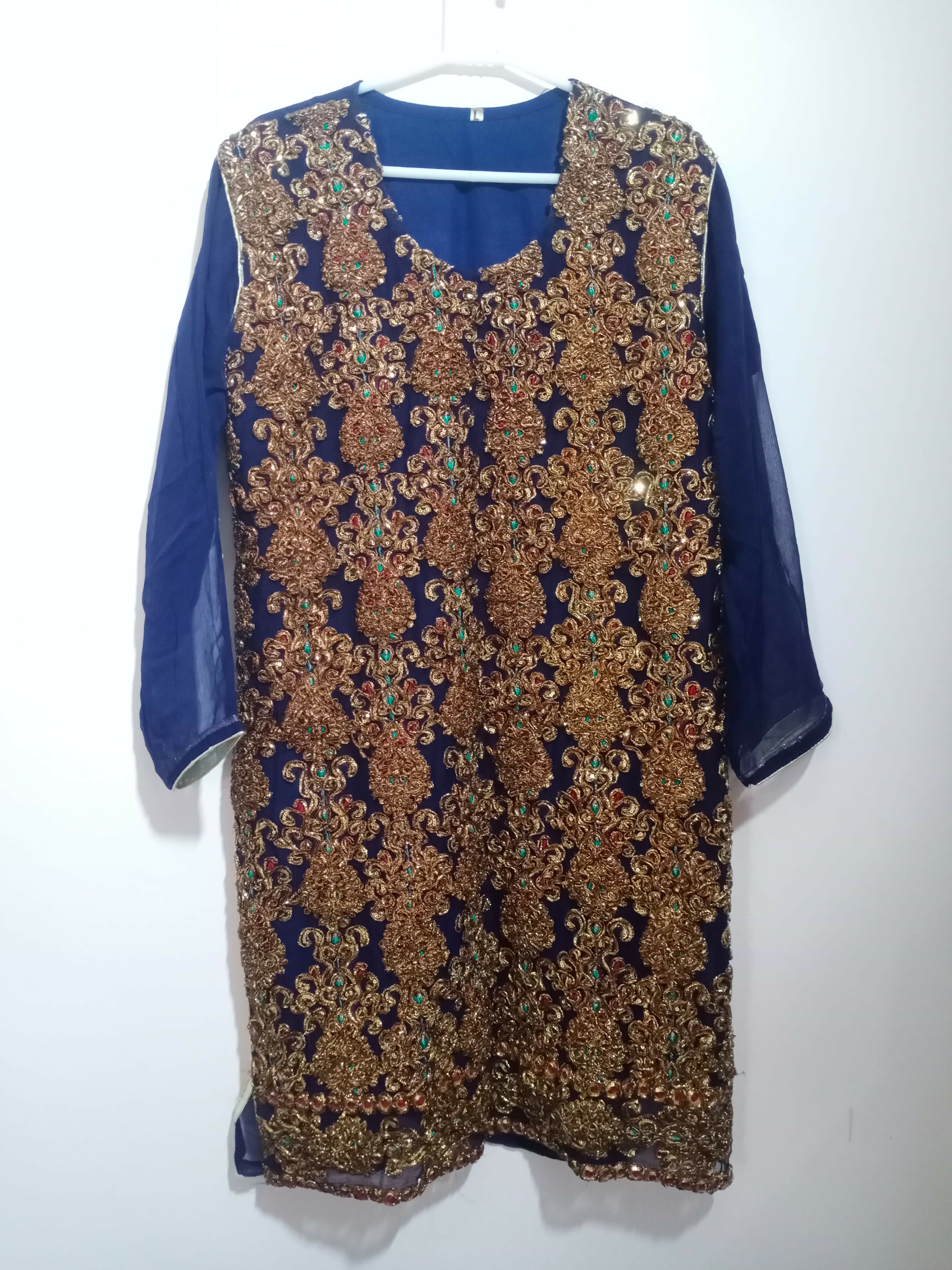 Navy Blue Chiffon Gharara Suit | Women Locally Made Formals | X Large | Preloved