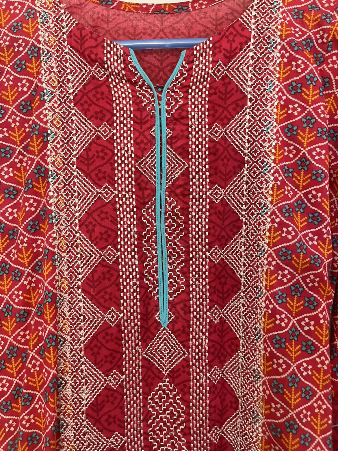 Red Embroidered Shirt | Women Locally Made Kurta | Small | Preloved