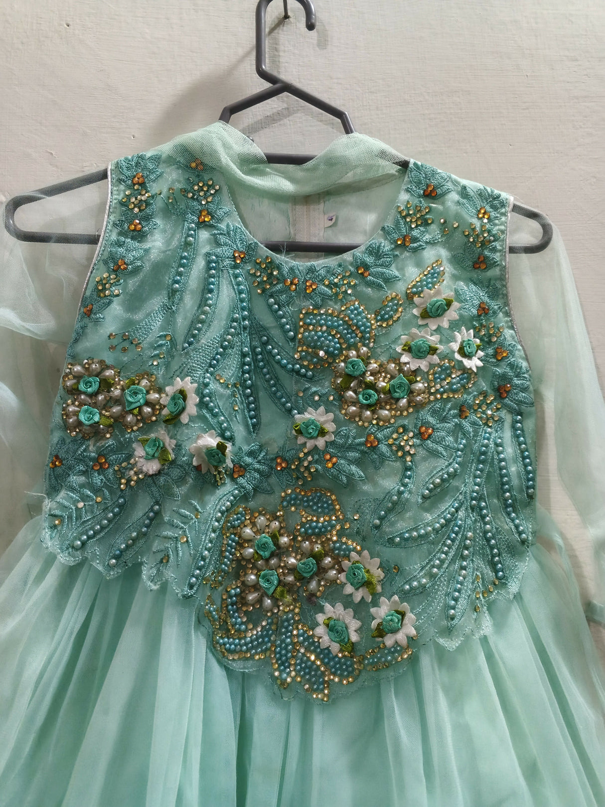 3 PC Sea Green Embroidered Frock | Girls Skirts & Dresses | Size: 7 to 8 Yrs | Preloved