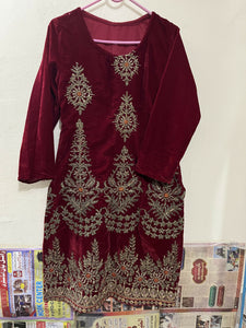 Sheikh Boutique | Red Velvet Formal Kurta | Women Branded Formals | Worn Once