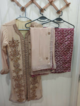 Open Shirt With Plazo | Women Locally Made Formals | Beige | Worn Once Fancy wear | Formal dress | Bridal Dress |