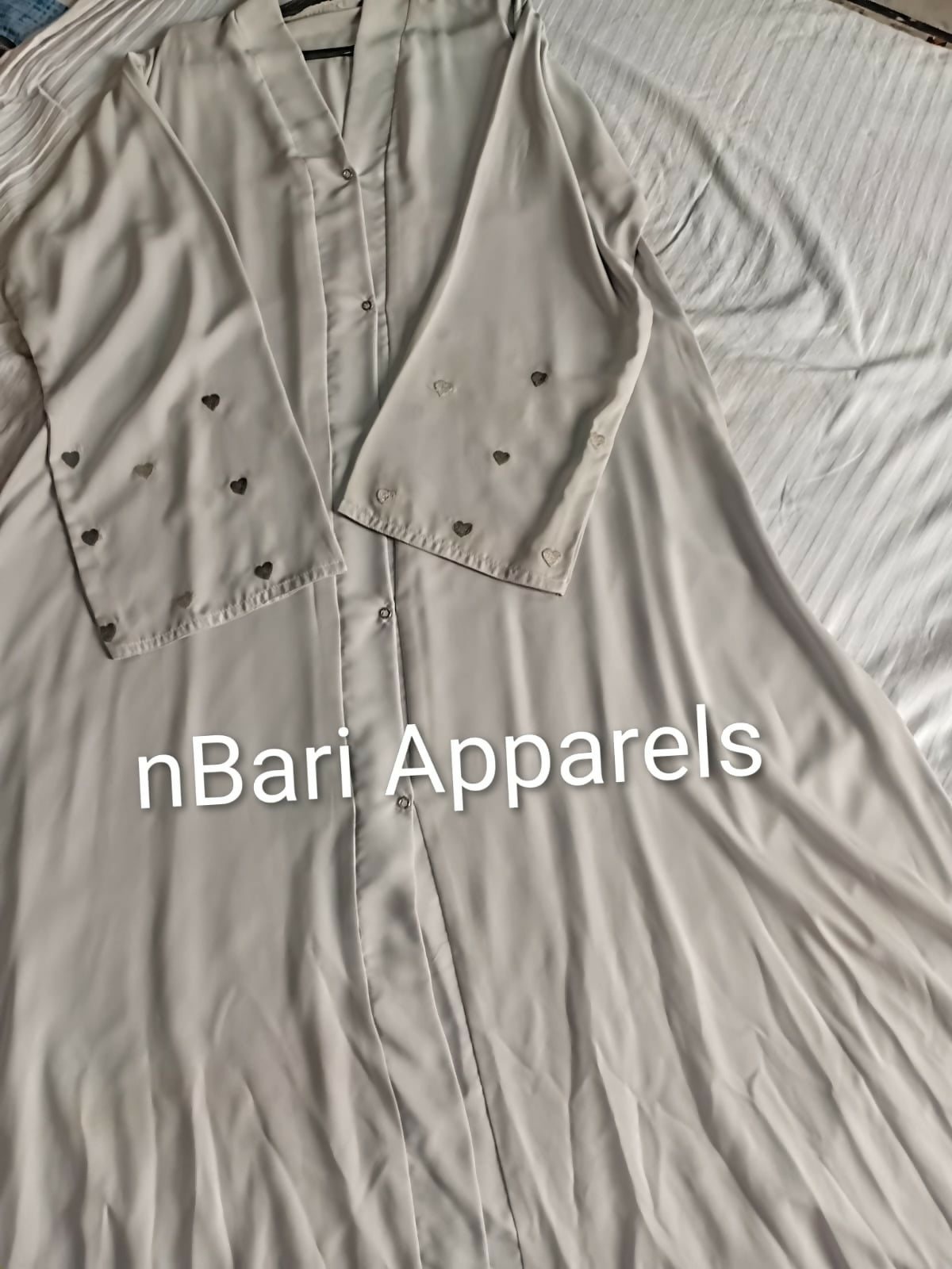 Pearl-Grey Heart Embroided Sleeves Front Open Abaya| Women Accessories | Large | Brand New
