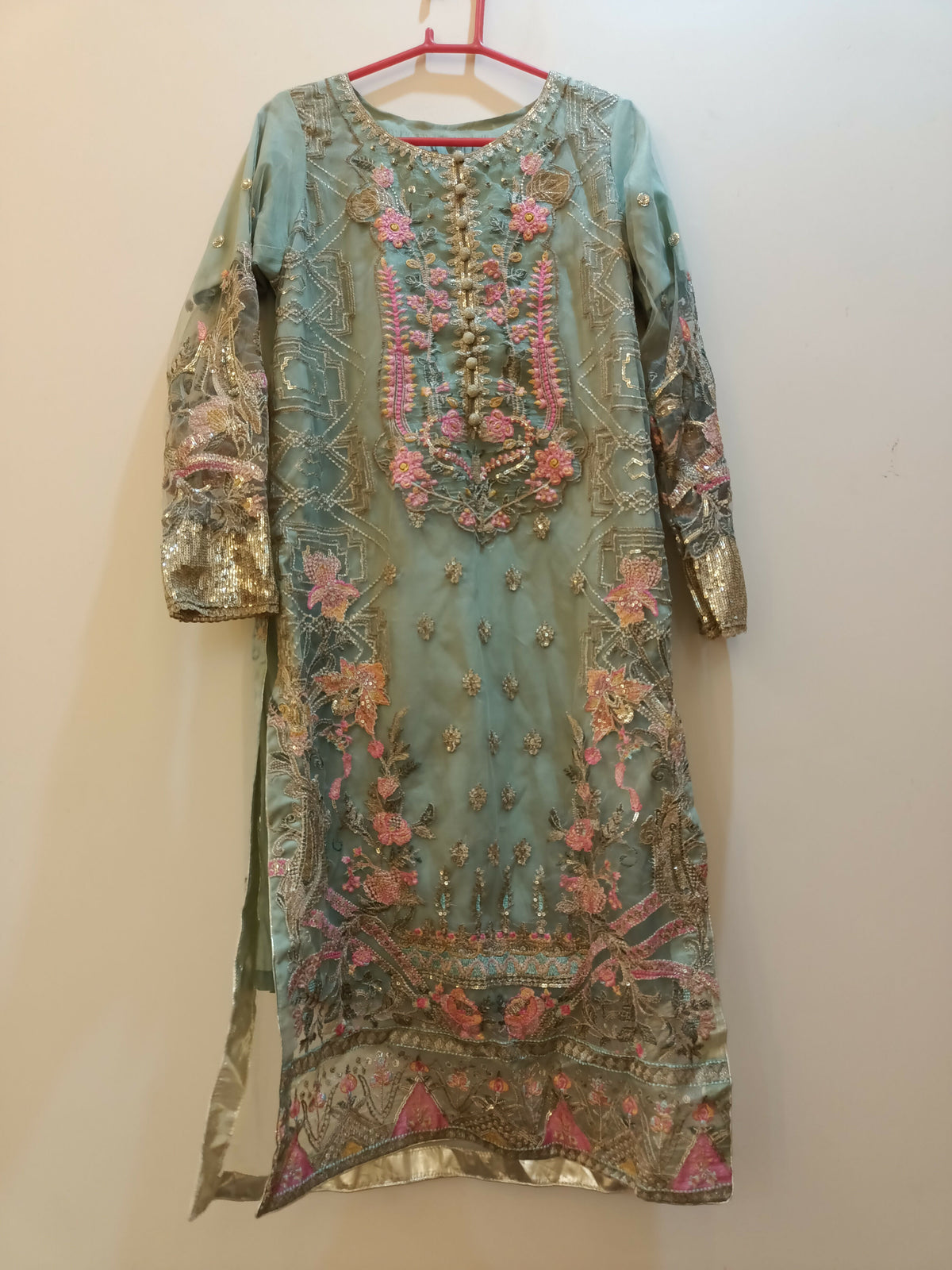 Baroque | Women Branded Kurta | Sea Green & Pink | Medium | Preloved