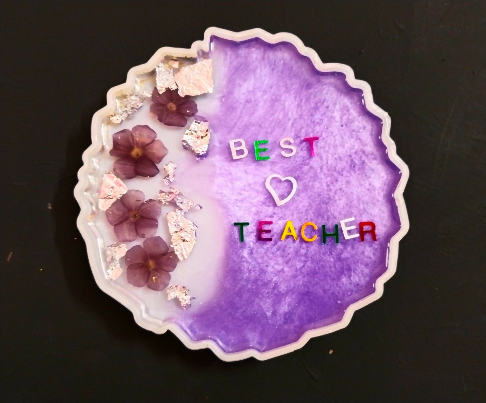 Purple and Silver Best Teacher Coaster | Handmade | Large | New