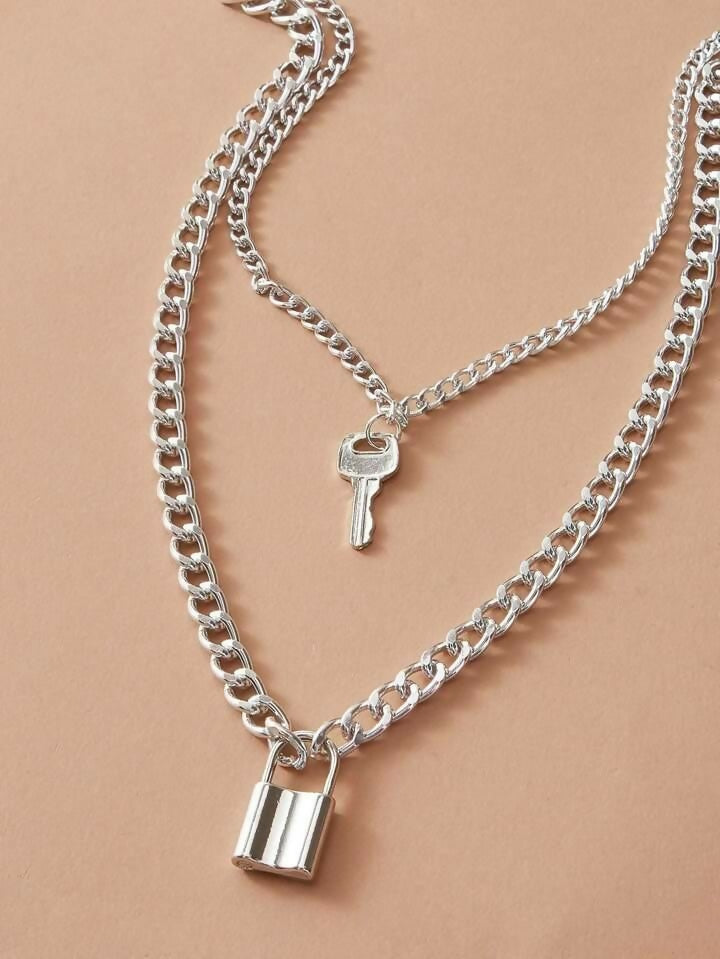 Lock-Key Double Chain Necklace | Women Jewelry | Necklaces & Pendants | Standard | Silver | Brand New