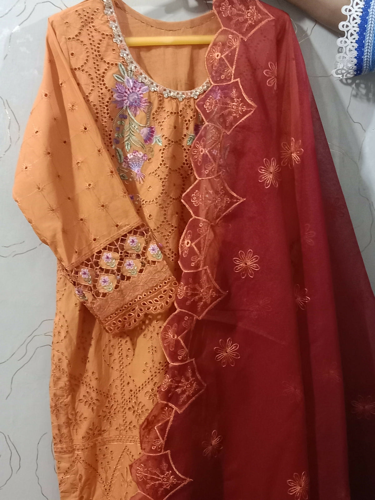 Embroidered Chicken Kari | Women Locally Made Kurta | Orange | Large | New