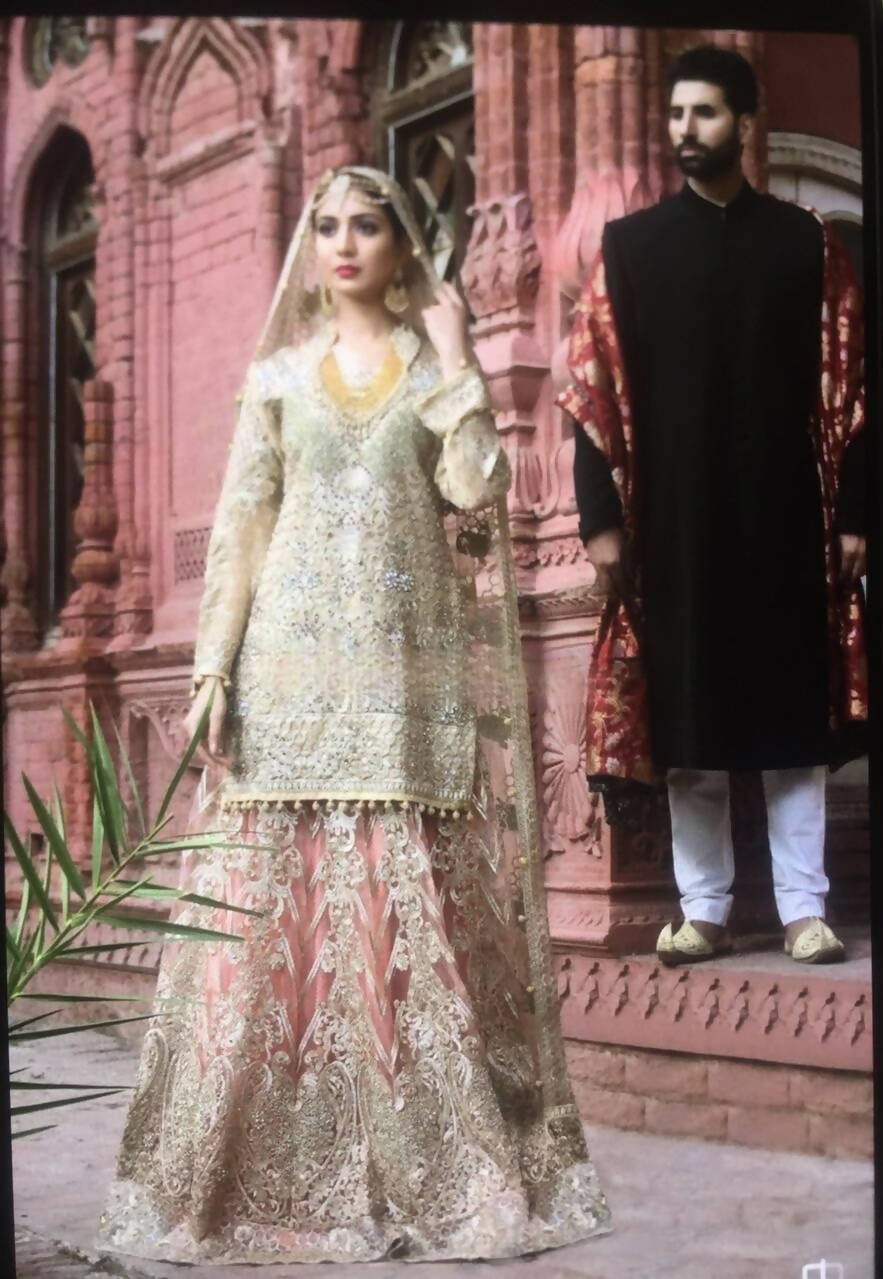 Maryam & Maria brides | Gold Shirt with Full Embroidered, light peach lehenga (SIze: S) | Women Branded Formals | Worn Once