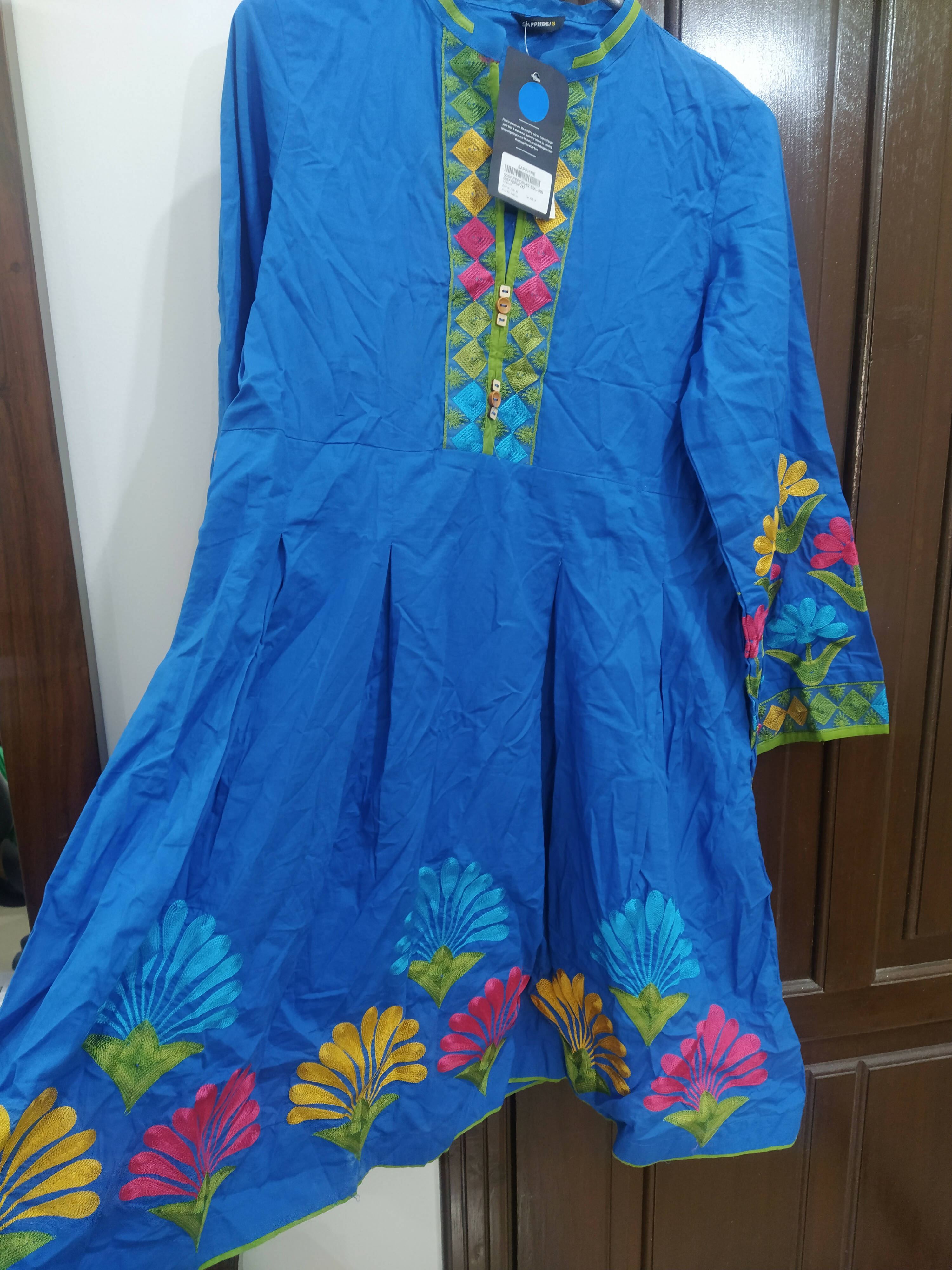 Sapphire | Blue Embroidered Solid Frock | Women Branded Kurta | Brand New