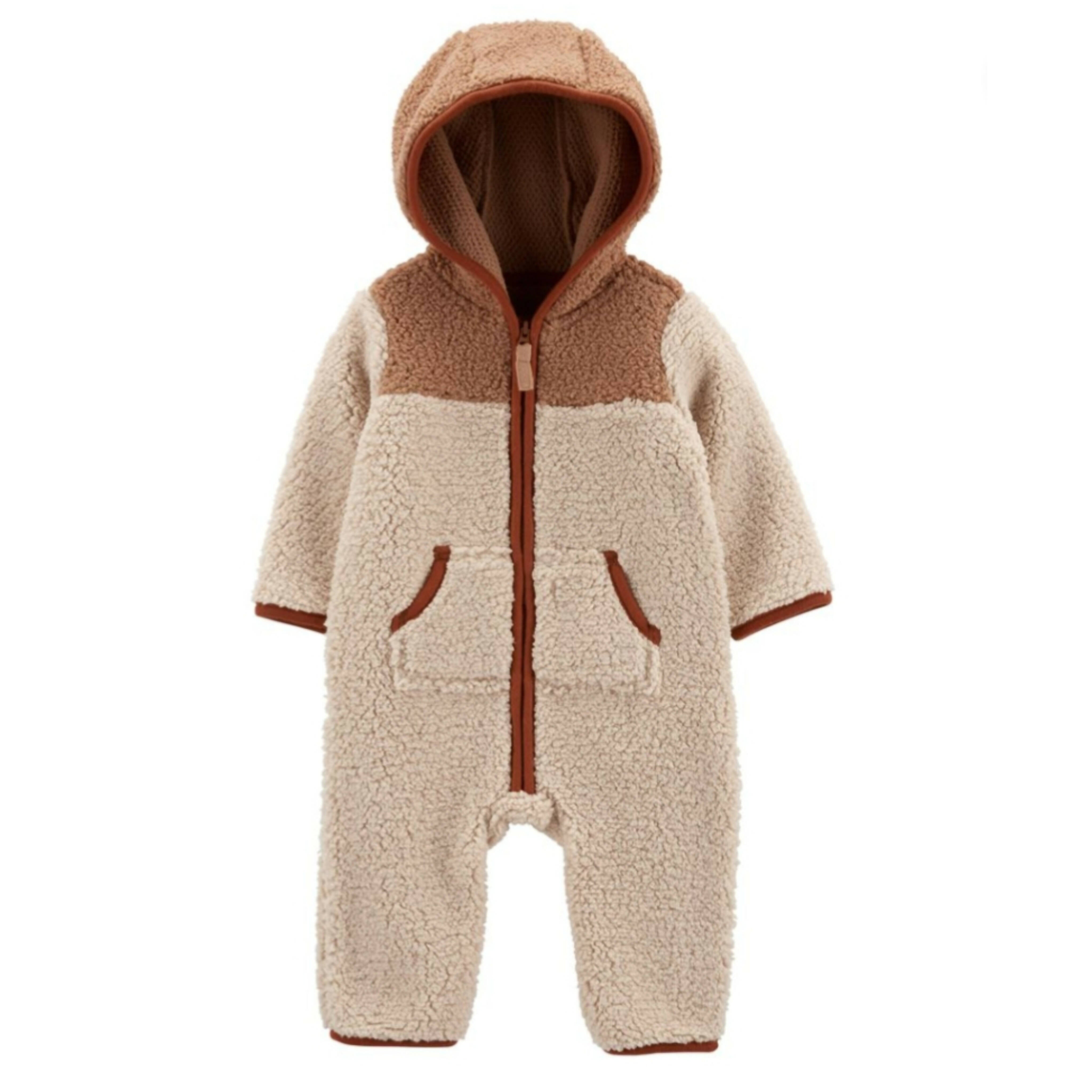 Carter's | Brown Beige Zip-Up Hooded Fleece Jumpsuit | Baby Bodysuits & Onesies | Brand New