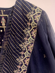 Qalamkar | navy blue embroidered 3pc suit | Women Formals | Worn once