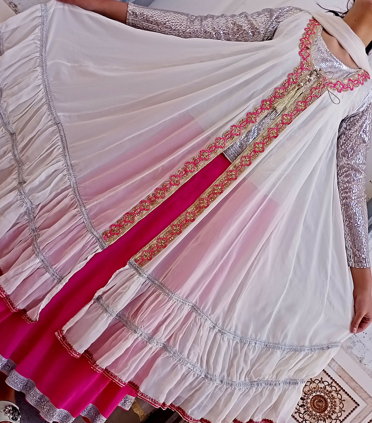 White Frock with Pink Lehanga | Women Locally Made Formals | Medium | Worn Once