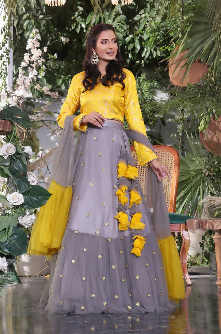 Mother Daught Yellow & Grey Embroidered Bararsi Net Lehenga Choli | Women Formals | Worn Once