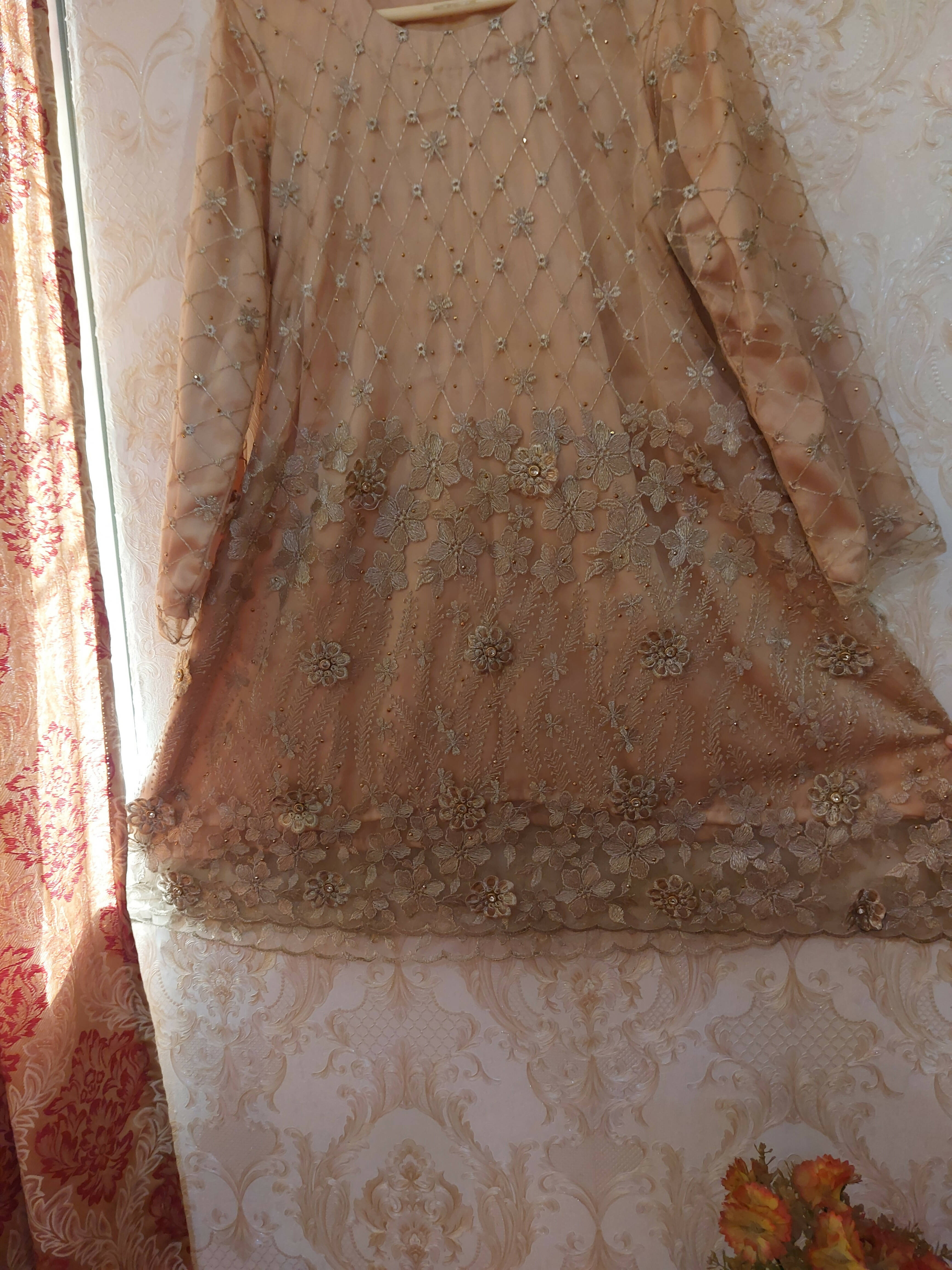 Golden Beige Net Dress ( A-line ) 3 Pc Dress | Women Formals | Medium | Worn Once