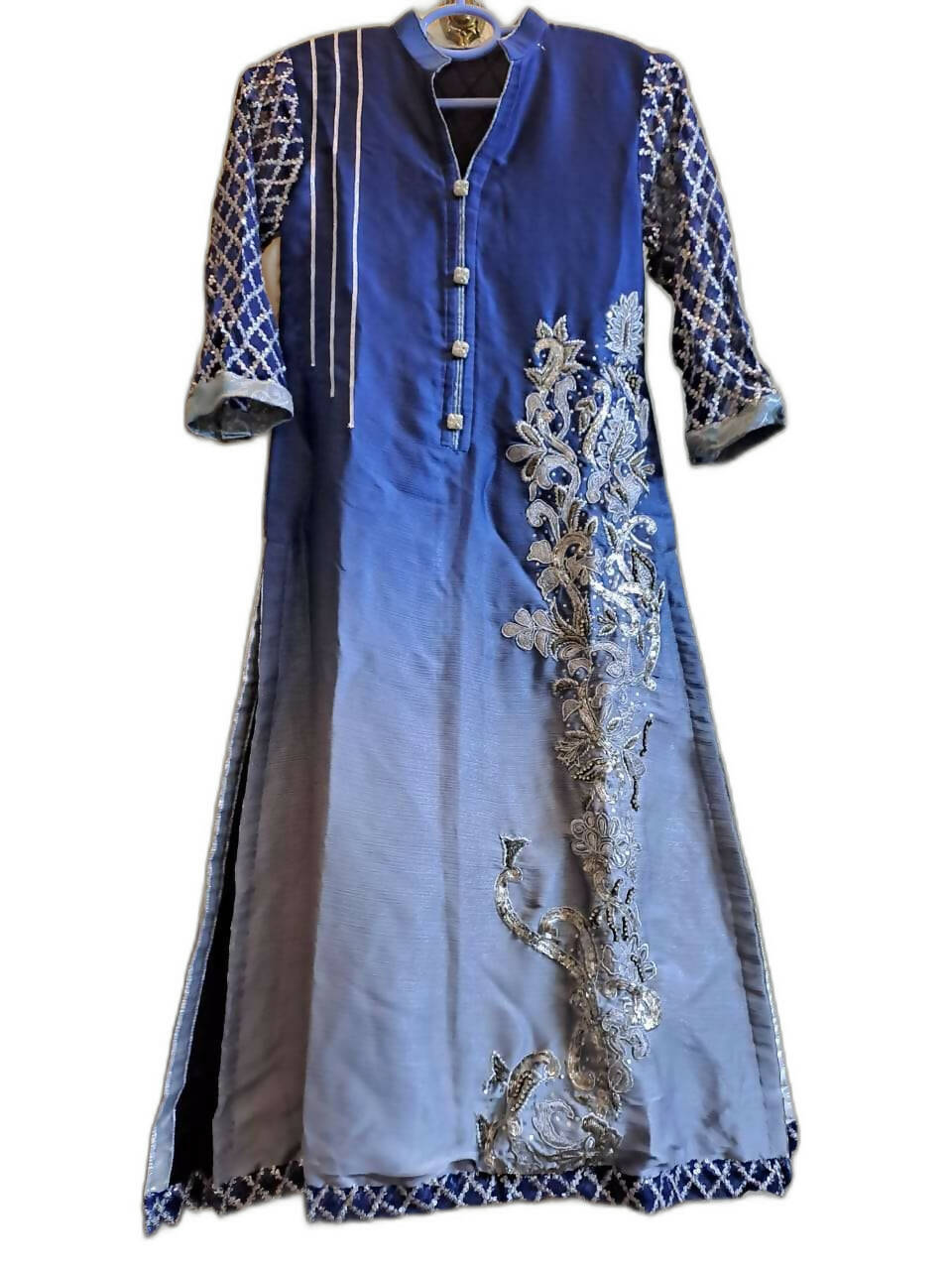 Double Shade Embroidered long Shirt with Jamawar Trouser (Size: M ) | WOmen Frocks & Maxis | Worn Once