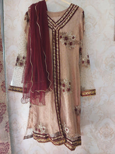 Golden Beige Net Dress 3 Pc | Women Formals | Medium | Worn Once
